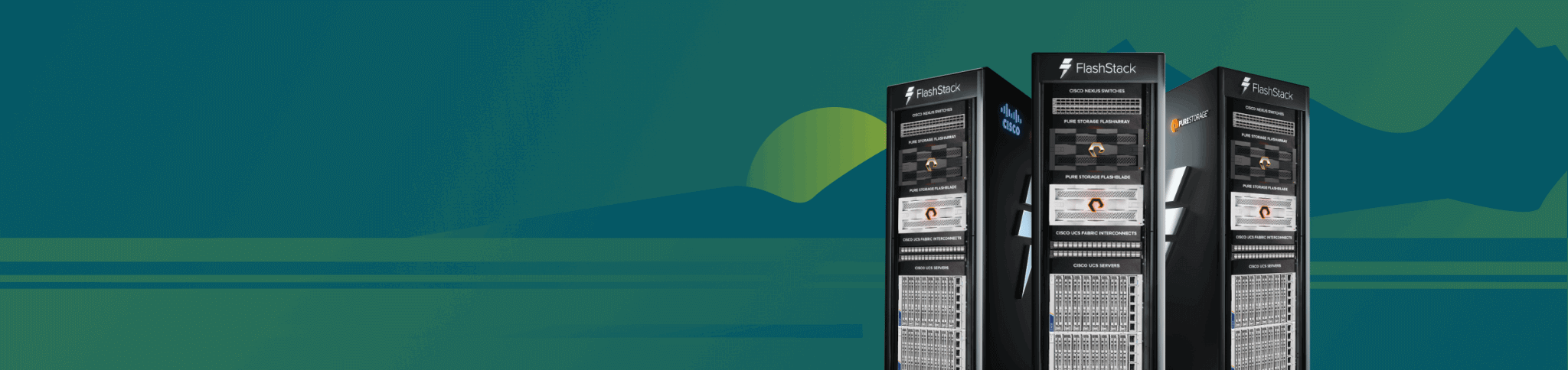 Three Pure Storage FlashStack kiosks displayed against a colorful, artistic background