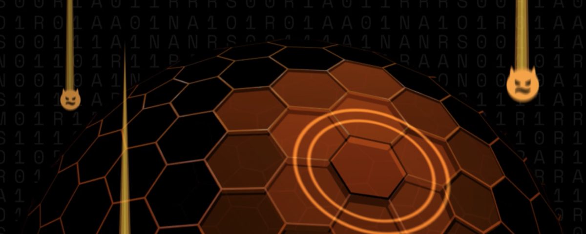 Orange hexagonal shield with glowing impact points and falling malicious icons, on a binary code background.