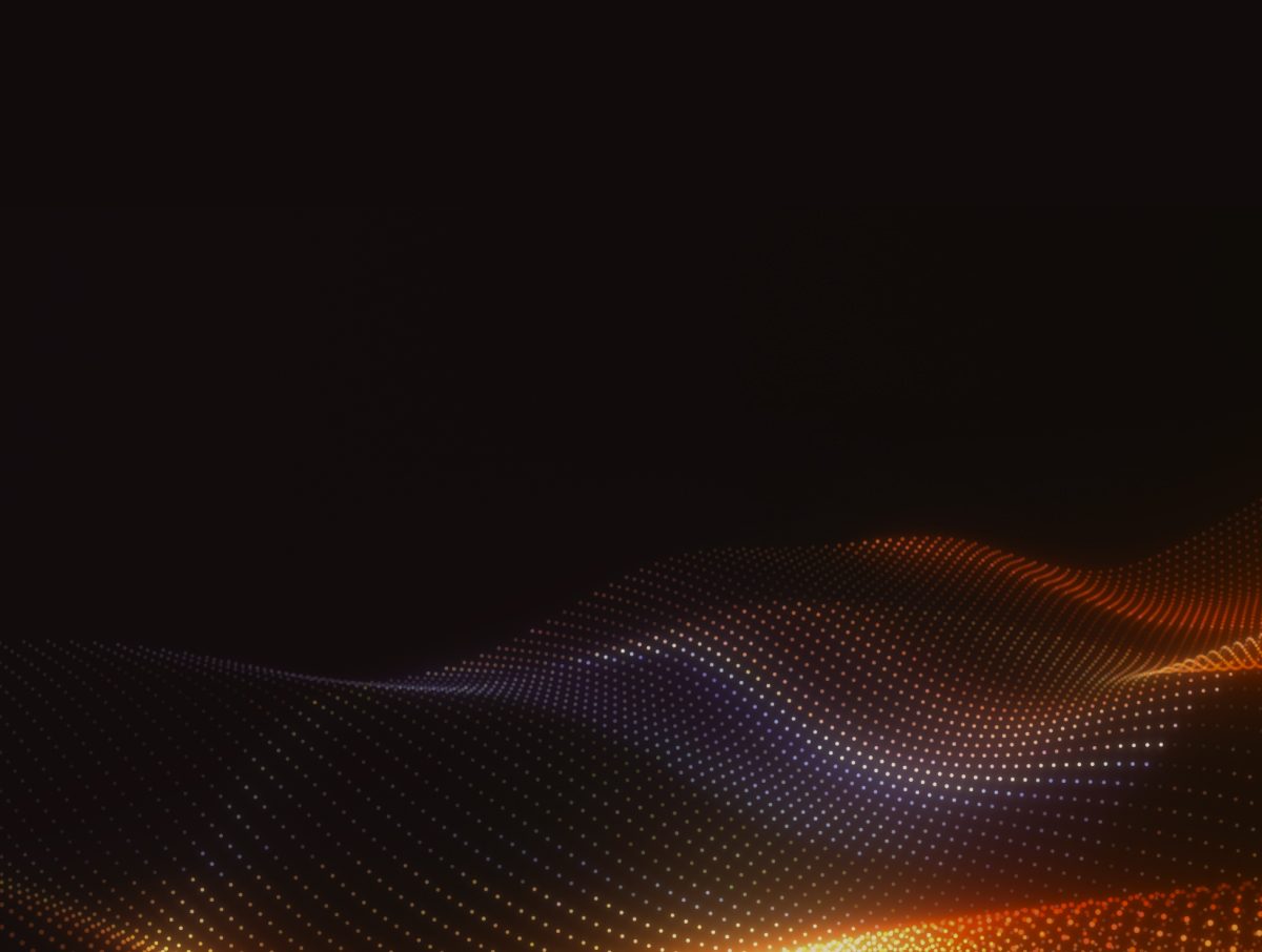 Abstraktes Wellenmuster aus orangefarbenen und violetten Punkten auf dunklem Hintergrund.